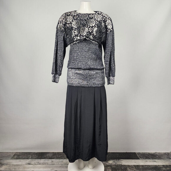 Vintage Benee By Lori Ann Black Lace Metallic Drop Waist Midi Dress Size 11/12 - Picture 2 of 12